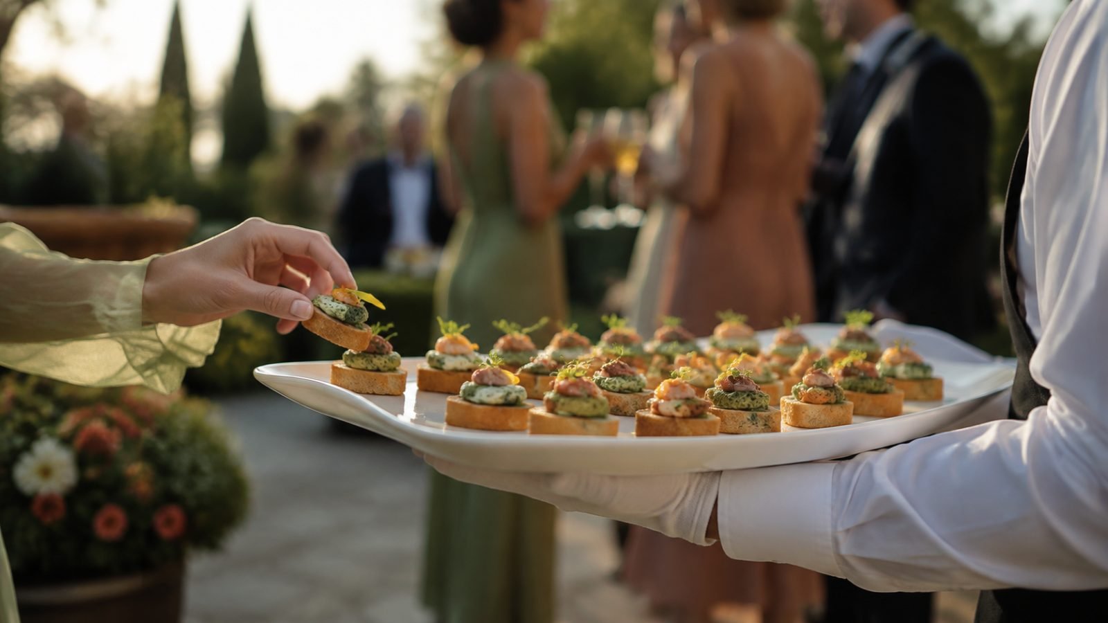 Aperitivos servidos en jardín durante una preboda