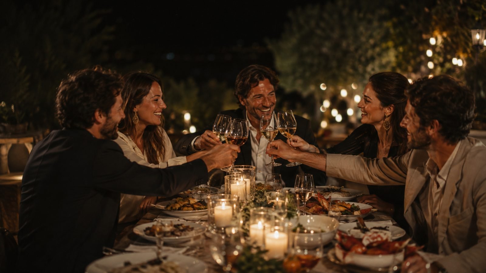 Cena con clientes en una terraza con velas