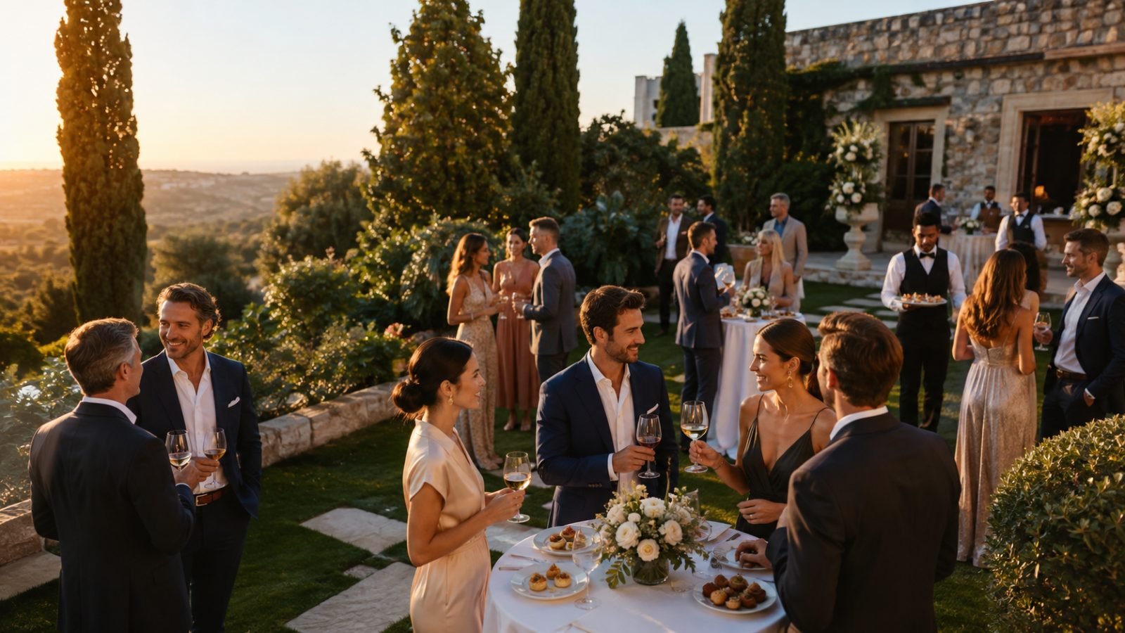 Celebración privada en jardín al atardecer