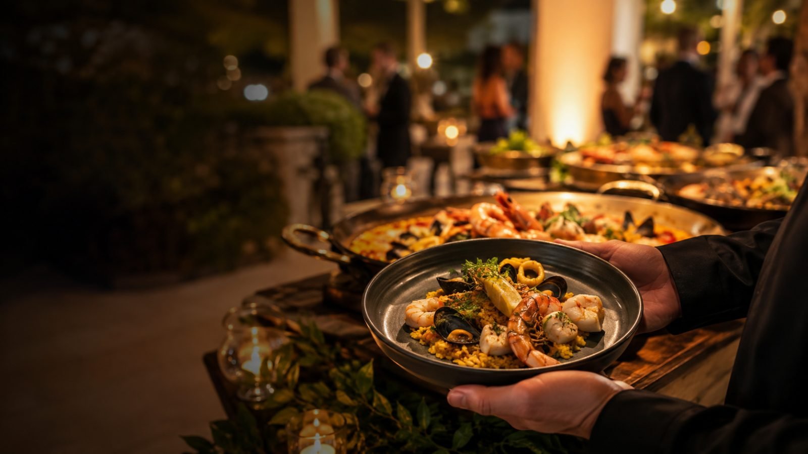 Servicio de paella premium en un evento nocturno