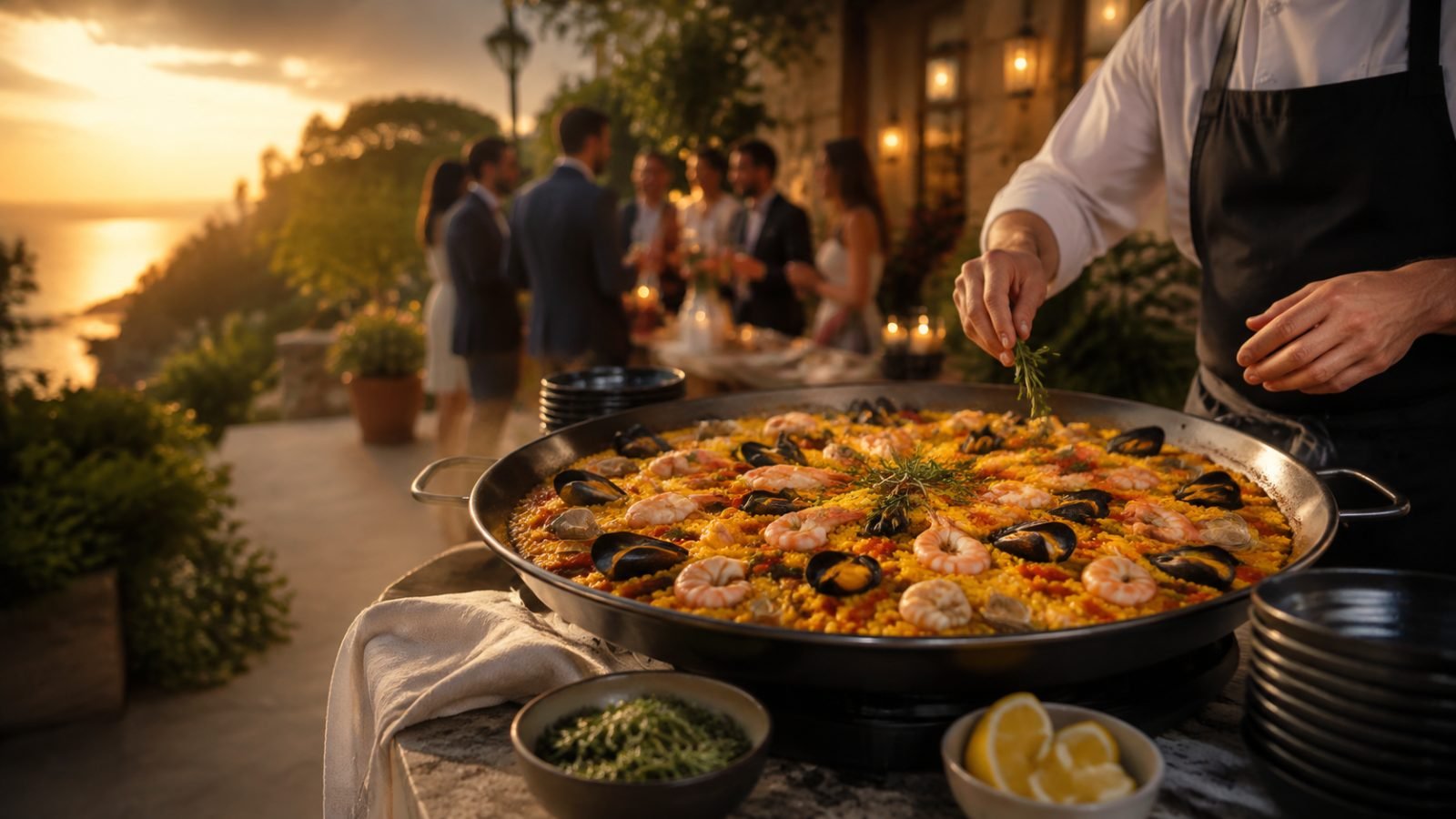 Chef terminando una paella al atardecer frente a los invitados
